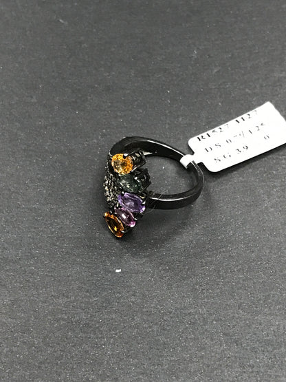 Diamond and Multi Sapphire Siver Black Rhodium Finish Rings