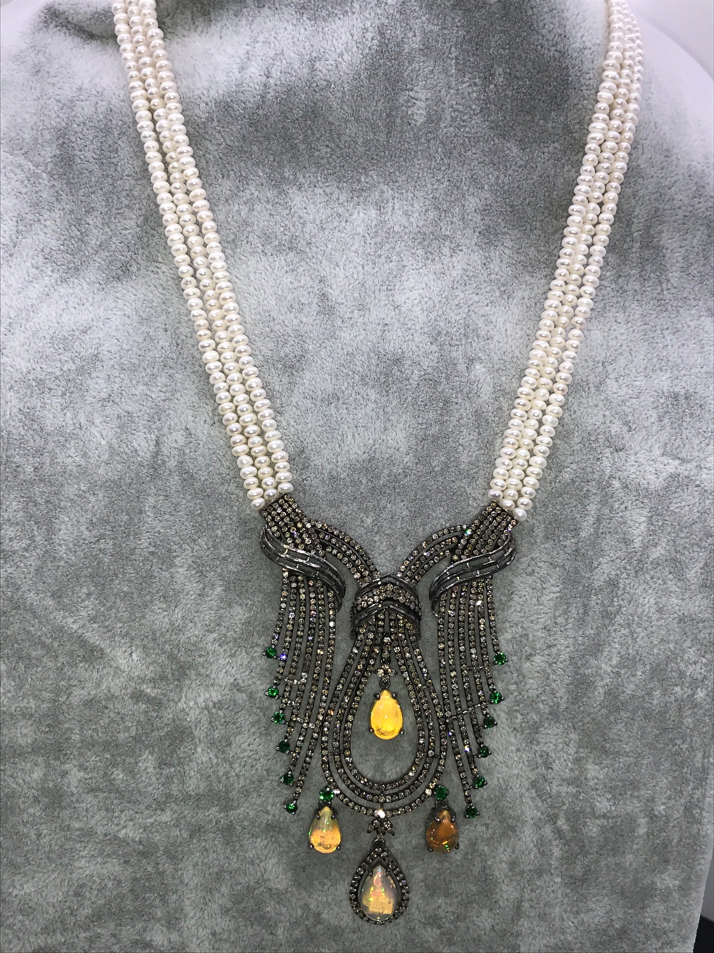Designer Opal and Diamond Pendant Necklace with Pearls