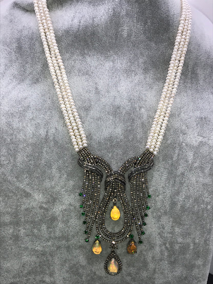 Designer Opal and Diamond Pendant Necklace with Pearls
