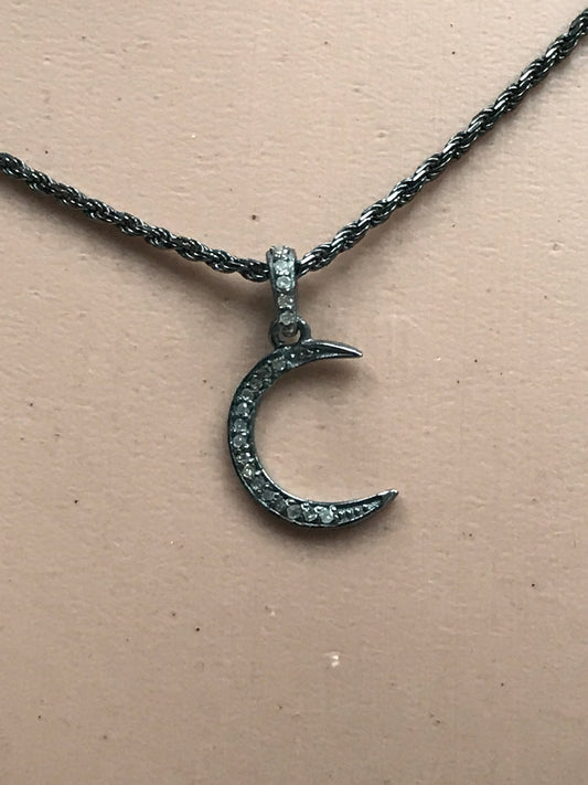 Moon Diamond Charm .925 Oxidized Sterling Silver Diamond Charms, Genuine handmade pave diamond Charm Size Approx 0.88"(12 x 22 MM)