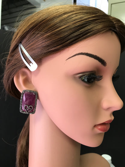 Natural Red Ruby and Diamond Stud Earrings