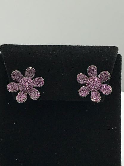 Flower Shape Silver Diamond Earring .925 Oxidized Sterling Silver Diamond Earring, Genuine handmade pave diamond Earring .
