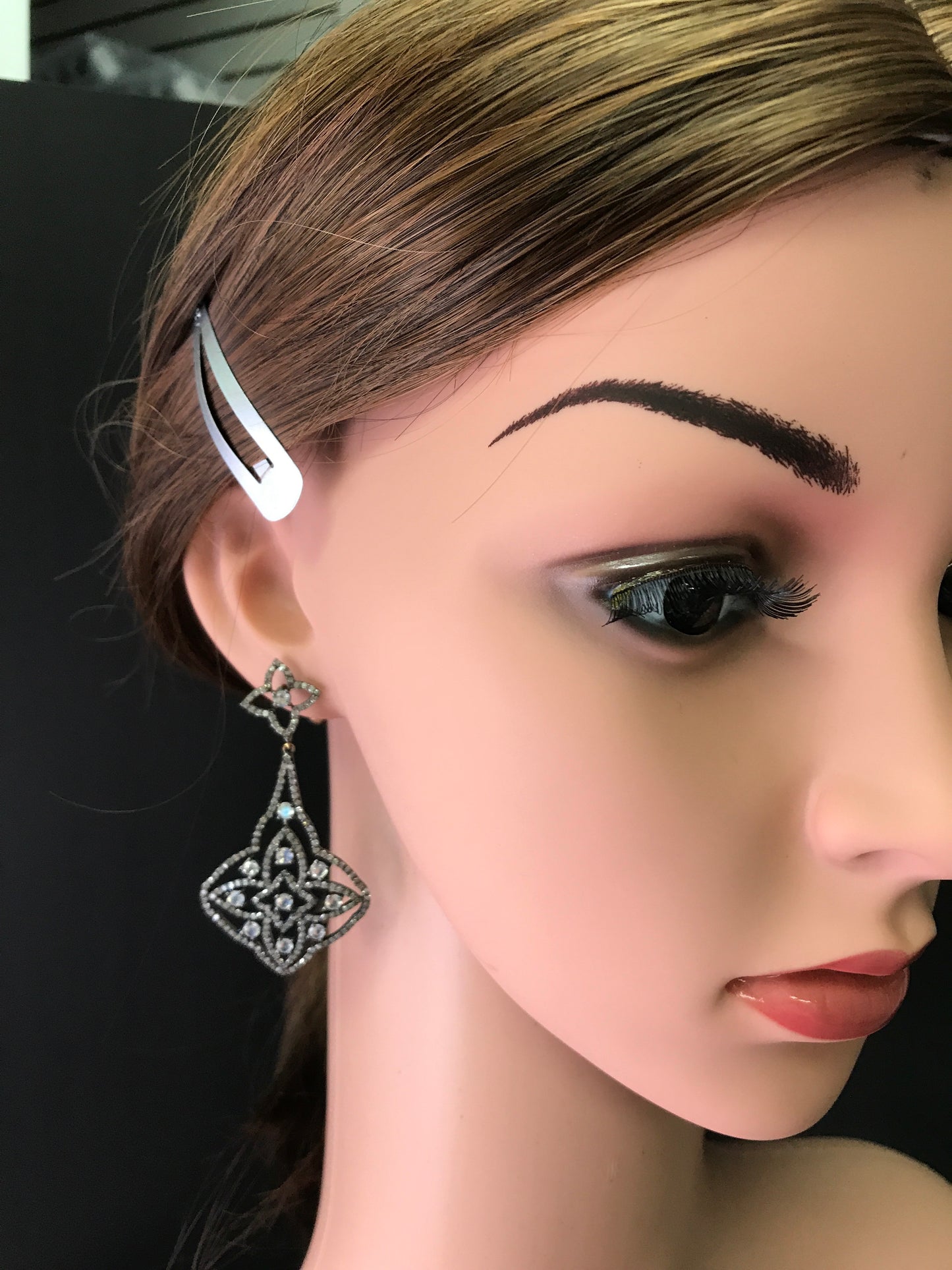 Diamond and White Rainbow Moonstone Silver Earrings