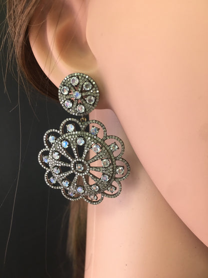 Diamond and Silver White Rainbow Moon Stone Black Rhodium Finish Earring