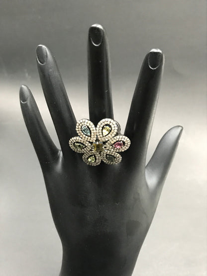 FLOWER DIAMOND AND MULTI TOURMALINE RINGS