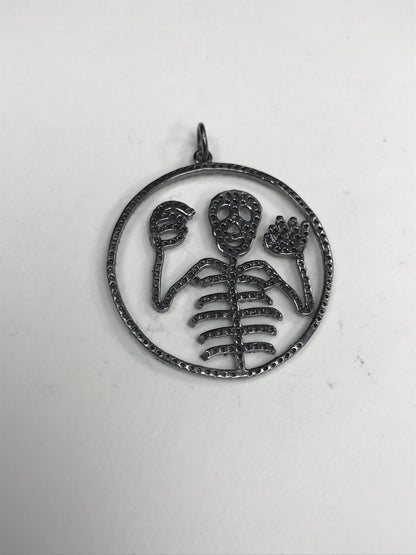 Diamond Round Skeleton Pendant, Pave Diamond Pendant,Pave Round Skeleton Necklace, Appx 33 x 35mm. Sterling Silver