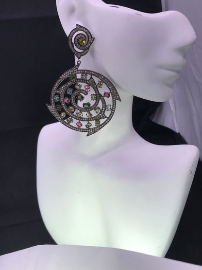 Diamond and Silver Multi Tourmaline Black Rhodium Finish Earring