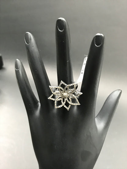 Flower Pave Diamond Ring .925 Oxidized Sterling Silver Diamond Ring, Genuine handmade pave diamond Ring Size Approx 1.08"(27 x 27 MM)
