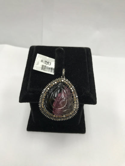 Watermelon Tourmaline Carving and Diamond Pendant