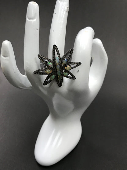 Ring Diamond with Opal .925 Oxidized Sterling Silver Diamond Ring, Genuine handmade pave diamond Ring Size Approx 1.52"(38 MM)