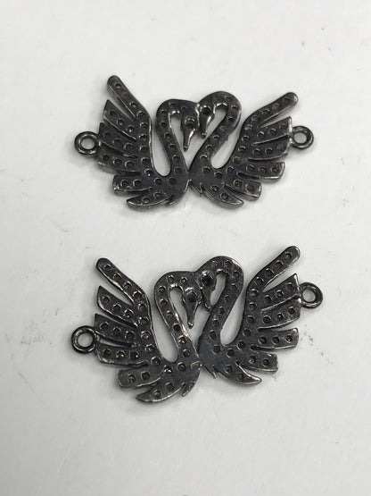 Swan Diamond Charm .925 Oxidized Sterling Silver Diamond Charm, Genuine handmade pave diamond Charm Size Approx 1.04"(14 x 26 MM)