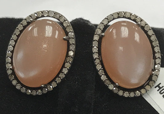 Moonstone Peach Natural oval cabs smooth with Diamond over Sterling Silver natural Pendant