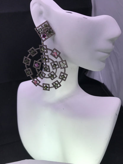 Diamond and Silver Multi Tourmaline Black Rhodium Finish Earrings