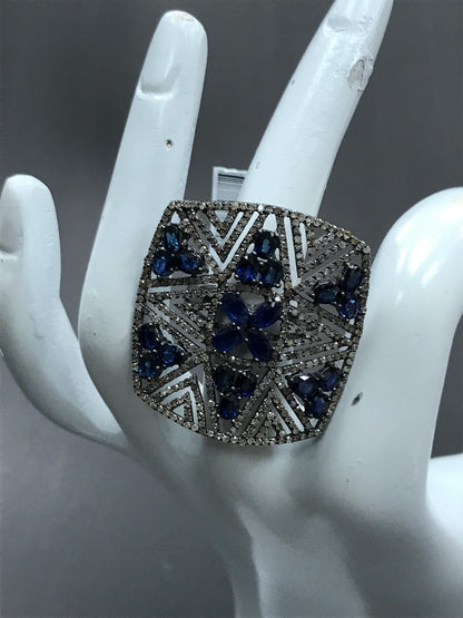 Square Diamond Ring with Sapphire Stone