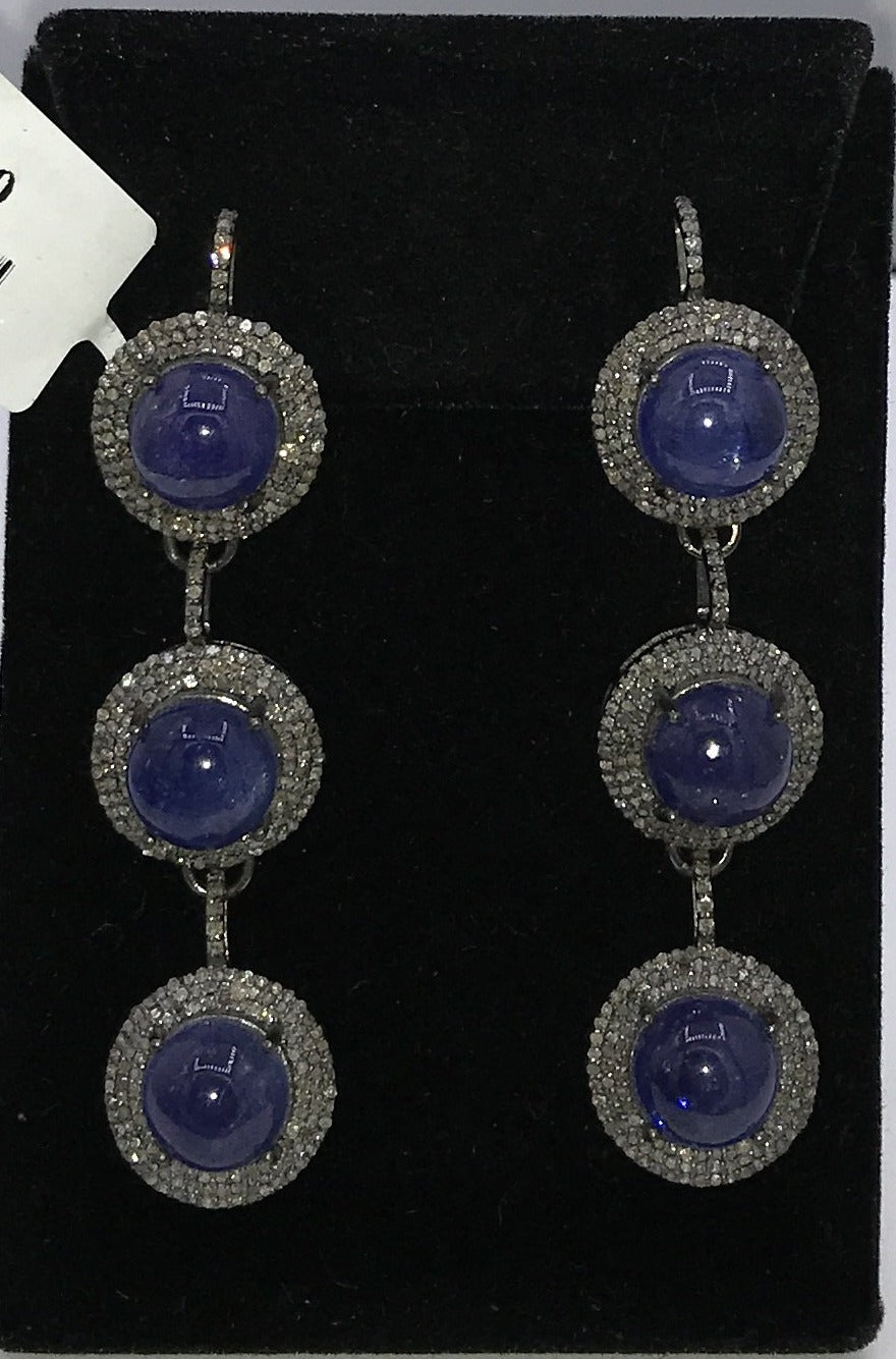 Tanzanite Round cabochon diamond triple lariat earring