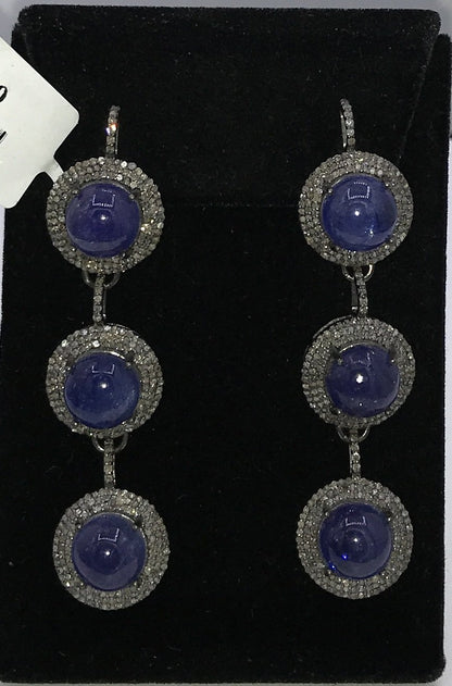 Tanzanite Round cabochon diamond triple lariat earring