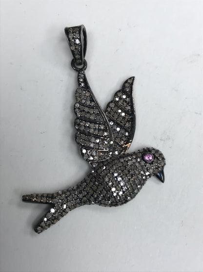 Bird Diamond Pendant .925 Oxidized Sterling Silver Diamond Pendant, Genuine handmade pave diamond Pendant Size Approx 31 x 41 mm
