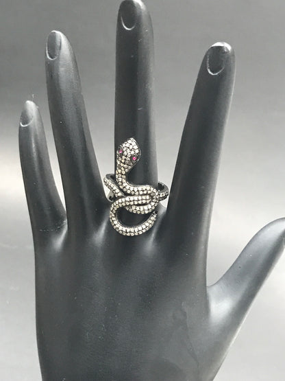 Snake Diamond and Ruby Silver Black Rhodium Finish Rings