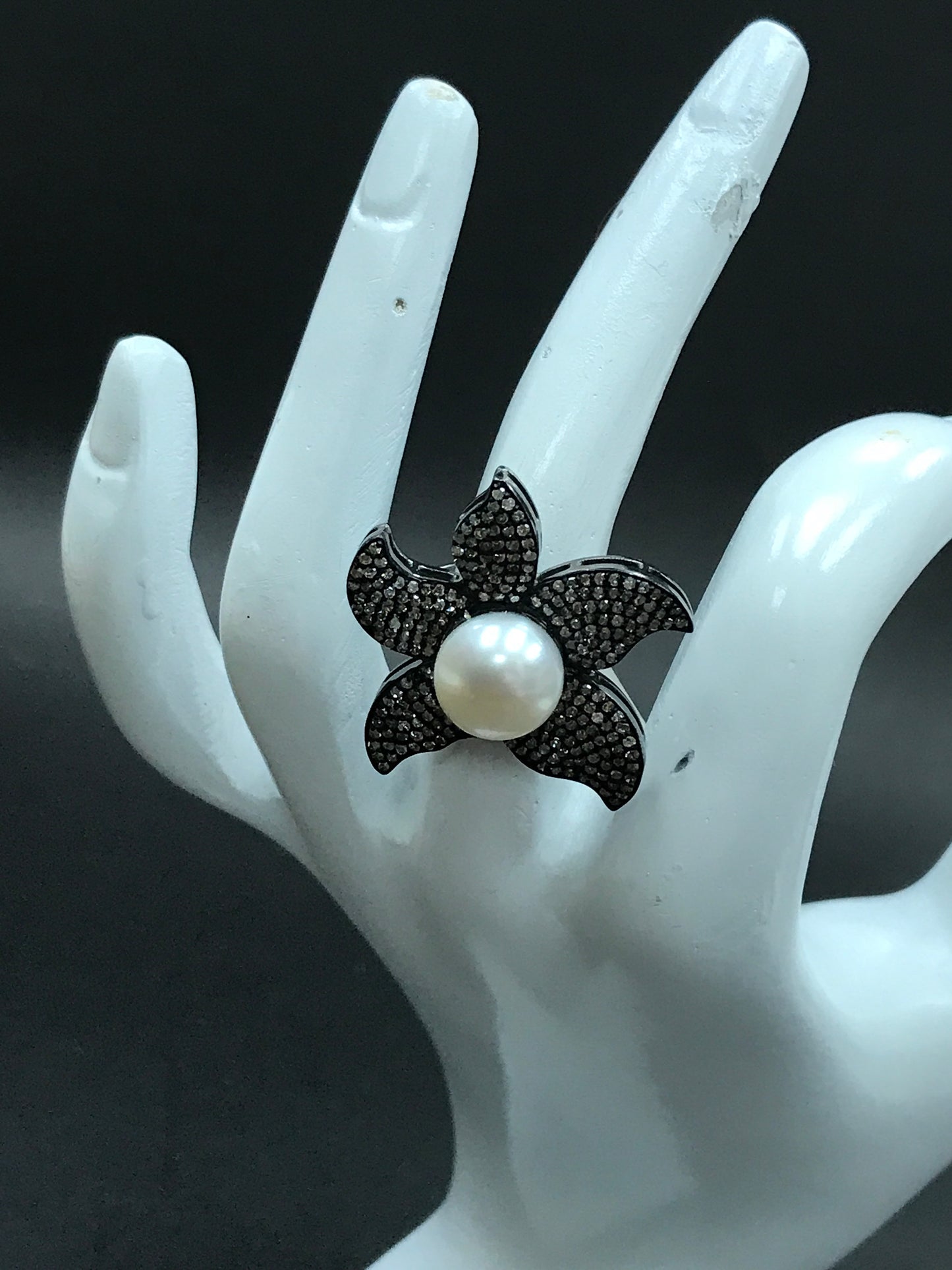 Flower Pave Diamond Ring .925 Oxidized Sterling Silver Diamond Ring, Genuine handmade pave diamond Ring Size Approx 1.20"(30 MM)