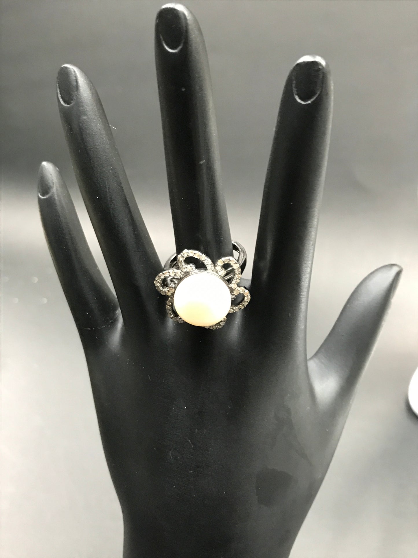 Diamond and Silver Pearl Black Rhodium Finish Rings