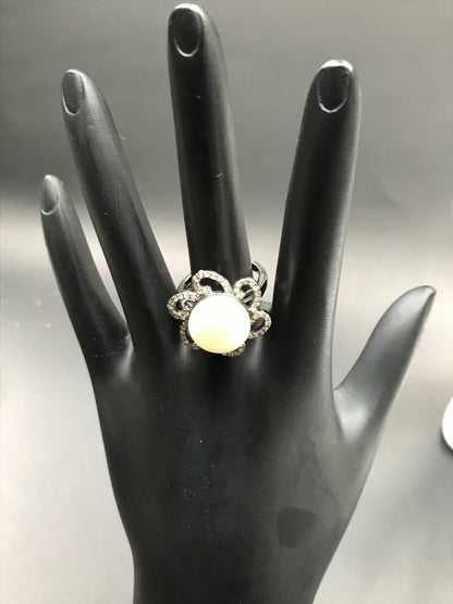 Diamond and Silver Pearl Black Rhodium Finish Rings