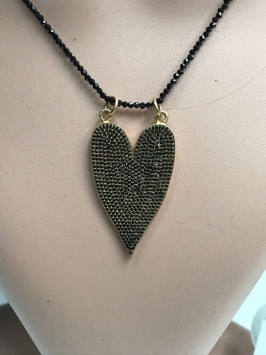 Heart Shape Black Spinal Charm, Pave Black Spinal ,Approx 1.40''( 40 x 25 mm) Oxidized Sterling Silver, Sterling Silver ,Black Spinel