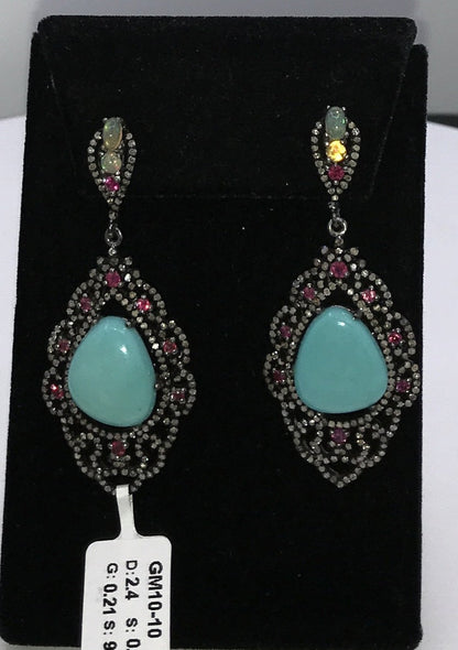 Turquoise Natural and Ruby Earrings with Diamond