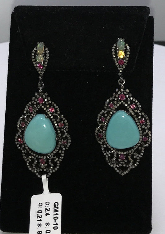 Turquoise Natural and Ruby Earrings with Diamond