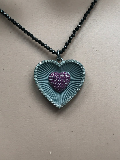 Heart Diamond Pendant .925 Oxidized Sterling Silver Diamond Pendant, Genuine handmade pave diamond Pendant Size Approx 1.00"(25 MM)