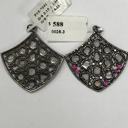 Silver Diamond Pendant With Diamond Slices And Ruby