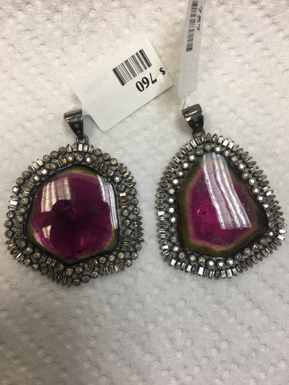Water Melon Bio Tourmaline Slice Diamond Pendants
