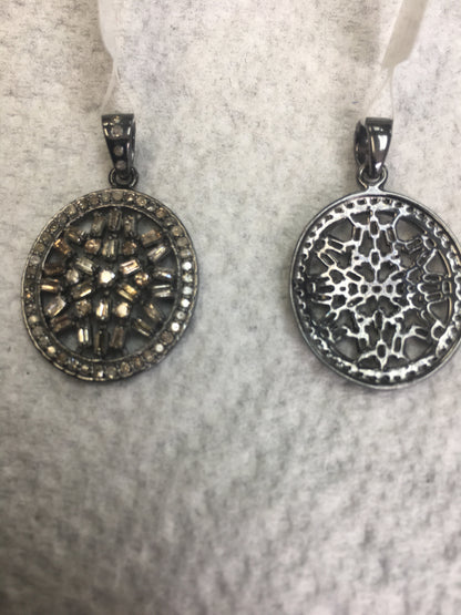 Flower Diamond Pendant .925 Oxidized Sterling Silver Diamond Pendant