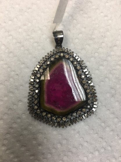 Water Melon Bio Tourmaline Slice Diamond Pendants