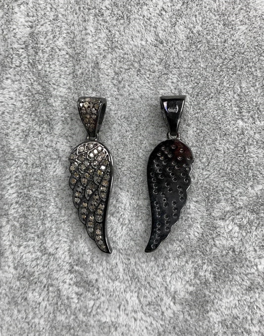 Diamond Angel Wings Pendant, Pave Diamond Pendant,Pave Angel Wing Necklace, Appx 32 x 10mm. Sterling Silver