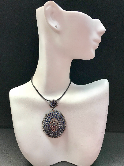 Disc with Sapphire Diamond Pendant  .925 Oxidized Sterling Silver Diamond Pendants, Genuine handmade pave diamond Size 33 x 54 MM