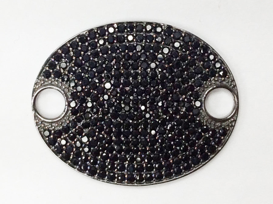 Oval Disc Black Spinel Charm, Pave Black Spinel ,Approx 1.16'' ( 23 x 29 mm) Oxidized Silver, Silver ,Black Spinel