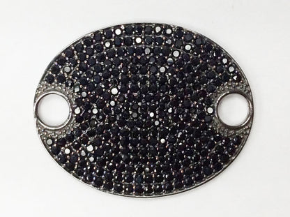 Oval Disc Black Spinel Charm, Pave Black Spinel ,Approx 1.16'' ( 23 x 29 mm) Oxidized Silver, Silver ,Black Spinel