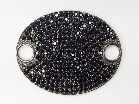 Oval Disc Black Spinel Charm, Pave Black Spinel ,Approx 1.16'' ( 23 x 29 mm) Oxidized Silver, Silver ,Black Spinel