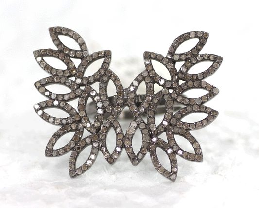 Butterfly shape Pave Diamond Ring .925 Oxidized Sterling Silver Diamond Ring, Genuine handmade pave diamond Ring Size Approx 1.60"(35 x 40 MM)