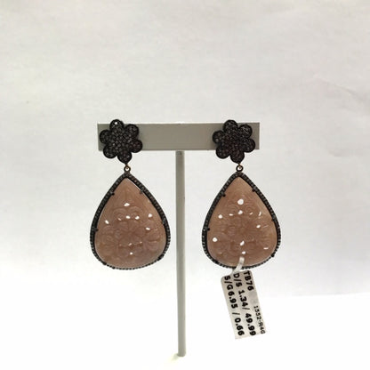Peach Moonstone Carvings and Diamond Earrings